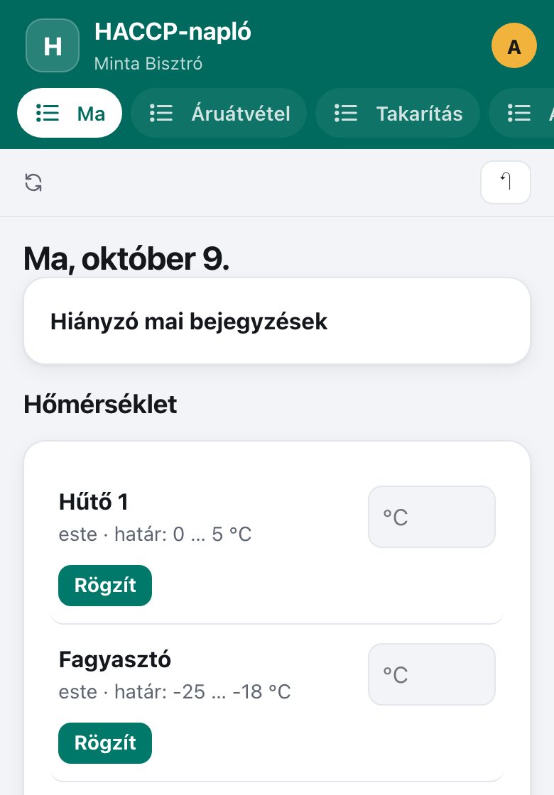 HACCP-napló: az app képernyője mintaadatokkal