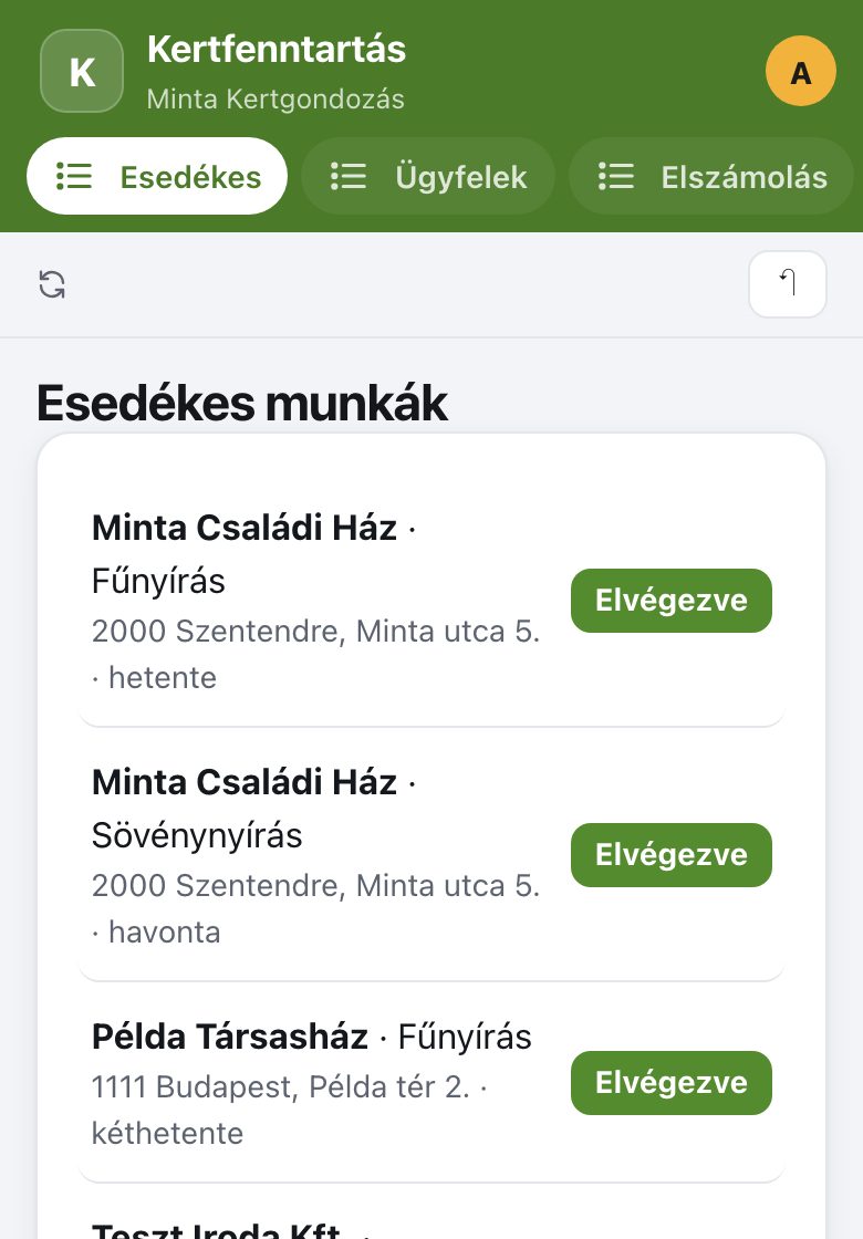 Kertfenntartás: az app képernyője mintaadatokkal